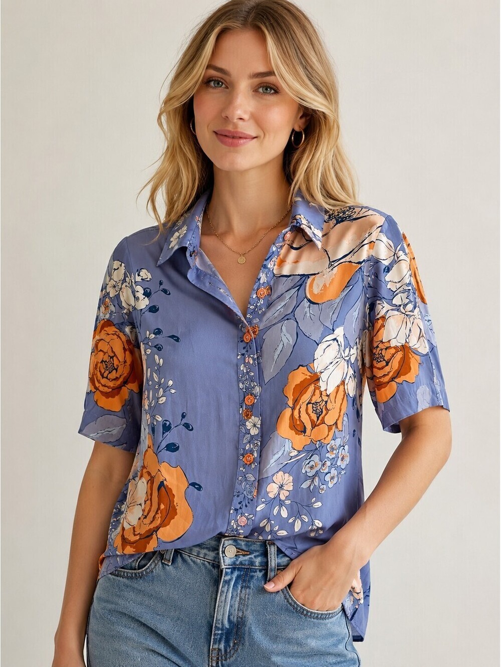 Rachel Zoe Blue Floral Button Front Blouse Women's Size S Short Sleeve Shirt